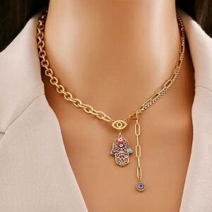 Gold Hamsa and Evil Eye Necklace